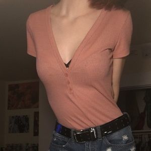 Cute Pink Shirt Onesie Low V-Neck